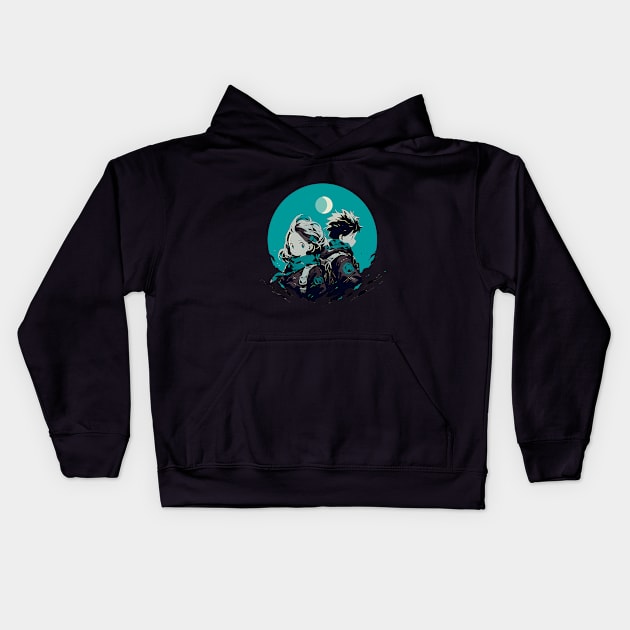 A couple of people sitting next to each other, anime art Kids Hoodie by Lucile